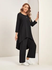 EMERY ROSE Solid High Low Hem Top & Wide Leg Pants - Black - View 4