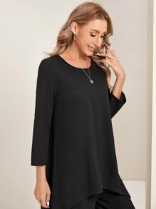 EMERY ROSE Solid High Low Hem Top & Wide Leg Pants - Black - View 5