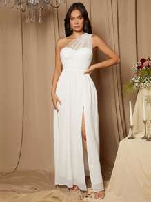 SHEIN Belle One Shoulder Split Thigh Wedding Dress - White - View 3
