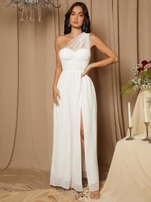SHEIN Belle One Shoulder Split Thigh Wedding Dress - White - View 6