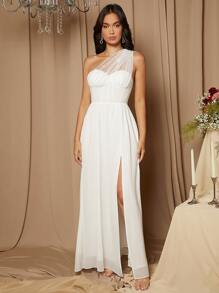 SHEIN Belle One Shoulder Split Thigh Wedding Dress - White - View 5