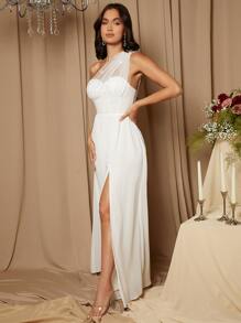 SHEIN Belle One Shoulder Split Thigh Wedding Dress - White - View 1