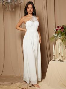 SHEIN Belle One Shoulder Split Thigh Wedding Dress - White - View 7