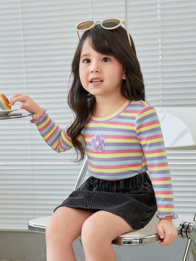 SHEIN Young Girl Striped Floral Patched Lettuce Trim Tee