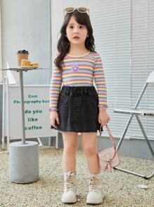 SHEIN Little Byeori Young Girl Striped Floral Patched Lettuce Trim Tee - Pink - View 3