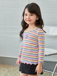 SHEIN Little Byeori Young Girl Striped Floral Patched Lettuce Trim Tee - Pink - View 4