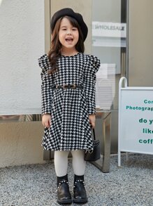 SHEIN 小女童千鳥格印花泡泡袖洋裝不附腰帶 - 黑與白 - 查看 2
