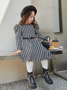 SHEIN 小女童千鳥格印花泡泡袖洋裝不附腰帶 - 黑與白 - 查看 6