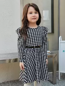 SHEIN 小女童千鳥格印花泡泡袖洋裝不附腰帶 - 黑與白 - 查看 1
