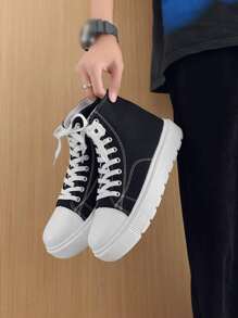 Men Lace-Up Front Canvas Shoes,2024 New Shoes Men's Casual Shoes Mid-Top Canvas Shoes Black Shoes Lightweight - Black - View 2