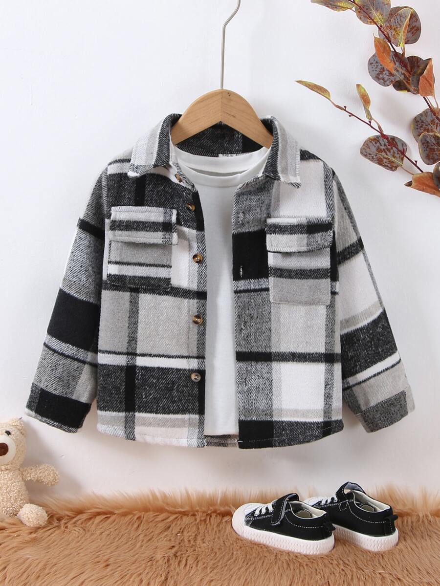 小男童格紋印花翻蓋口袋襯衫