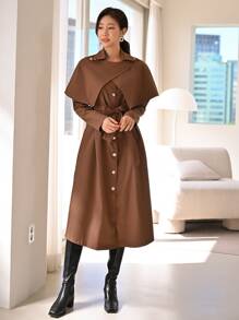 Modelyn Overlay Belted Cape Trench Coat - Coffee Brown - View 1
