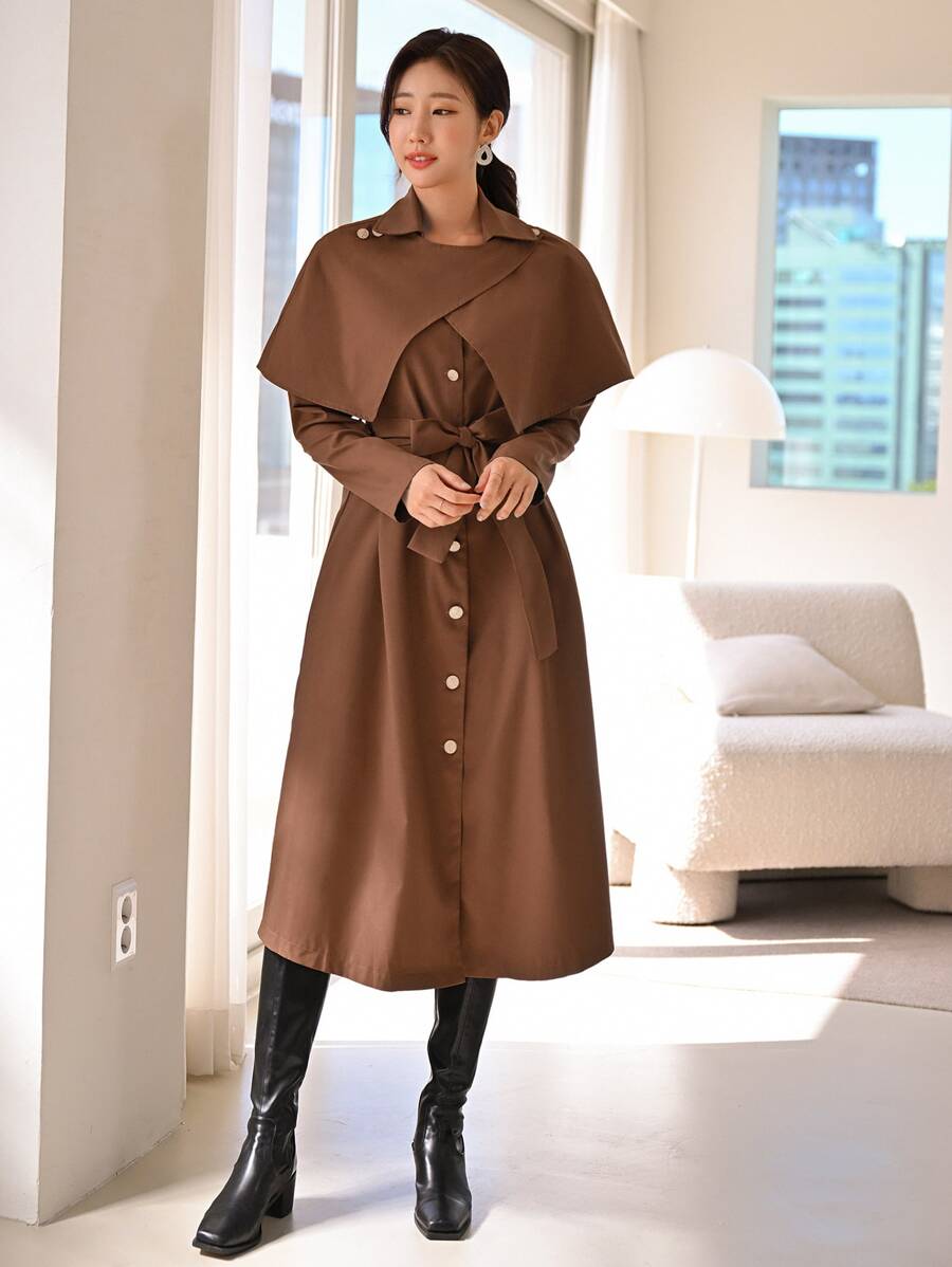Modelyn Overlay Belted Cape Trench Coat - Coffee Brown - View 1
