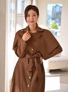 Modelyn Overlay Belted Cape Trench Coat - Coffee Brown - View 5