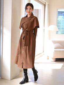 Modelyn Overlay Belted Cape Trench Coat - Coffee Brown - View 6
