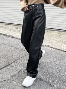 DAZY High Waist Slant Pockets PU Pants Fall Leather Pants