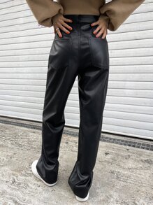 DAZY High Waist Slant Pockets PU Pants Fall Leather Pants