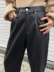 DAZY High Waist Slant Pockets PU Pants Fall Leather Pants