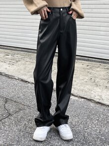DAZY High Waist Slant Pockets PU Pants Fall Leather Pants