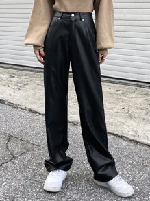 DAZY High Waist Slant Pockets PU Pants Fall Leather Pants