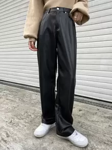 DAZY High Waist Slant Pockets PU Pants Fall Leather Pants
