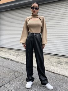 DAZY High Waist Slant Pockets PU Pants Fall Leather Pants