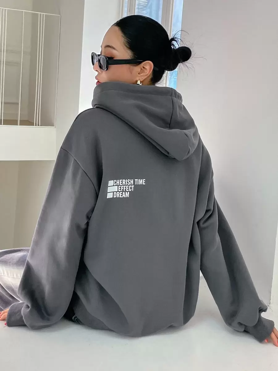 DAZY Áo hoodie lót nhiệt có họa tiết in dành cho nữ mùa thu, đông - Xám - Xem 1