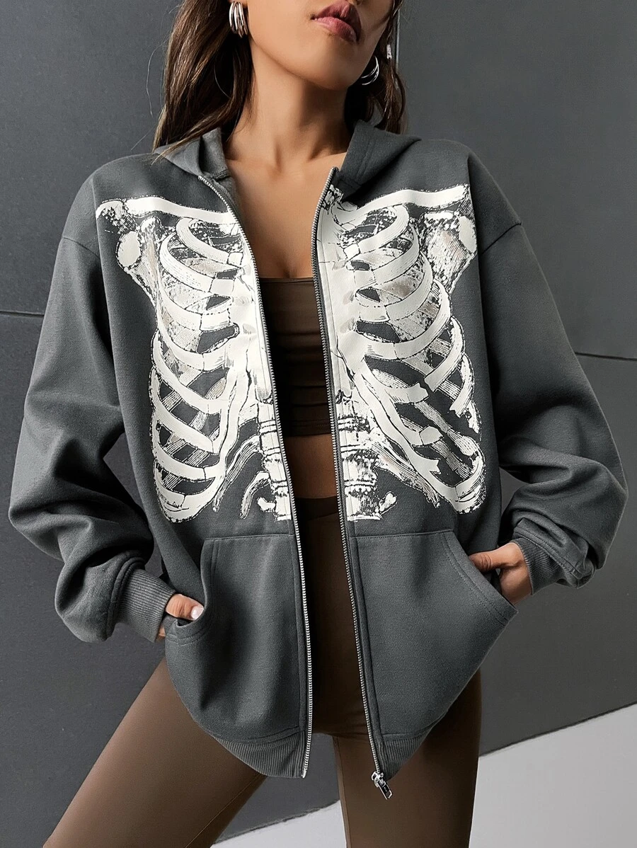 SHEIN Coolane Skeleton Print Zip Up Drop Shoulder Hoodie - Dark Grey - View 1