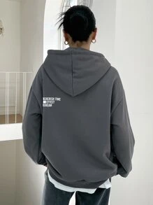 DAZY 女士印花保暖内衬卫衣，秋冬季款 - 灰色 - 查看 4