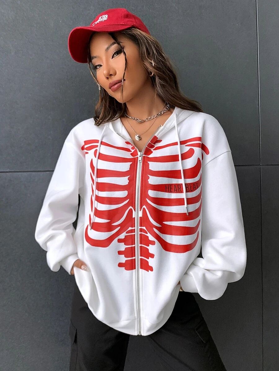 Coolane Skeleton Print Zip Up Drop Shoulder Drawstring Thermal Lined Hoodie - White - View 1