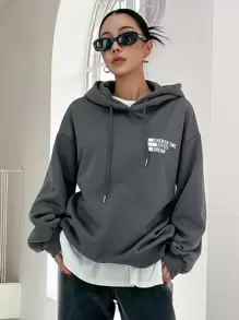 DAZY 女士印花保暖内衬卫衣，秋冬季款 - 灰色 - 查看 5