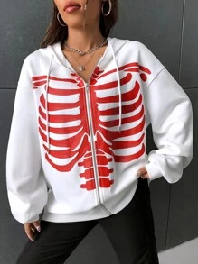 Coolane Capucha estampado de esqueleto con cremallera de hombros caídos con cordón con forro térmico