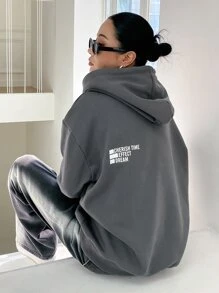 DAZY 女士印花保暖内衬卫衣，秋冬季款 - 灰色 - 查看 7