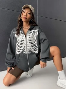SHEIN Coolane Skeleton Print Zip Up Drop Shoulder Hoodie - Dark Grey - View 4