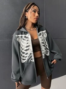 SHEIN Coolane Skeleton Print Zip Up Drop Shoulder Hoodie - Dark Grey - View 5