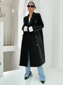DAZY Double Breasted Flap Detail Longline Coat - Black - View 1