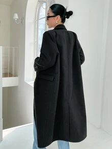 DAZY Double Breasted Flap Detail Longline Coat - Black - View 2
