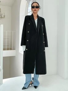 DAZY Double Breasted Flap Detail Longline Coat - Black - View 3