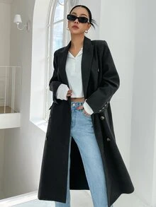 DAZY Double Breasted Flap Detail Longline Coat - Black - View 4