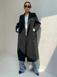 DAZY Double Breasted Flap Detail Longline Coat - Black - View 5