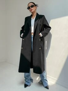 DAZY Double Breasted Flap Detail Longline Coat - Black - View 6