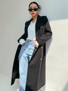 DAZY Double Breasted Flap Detail Longline Coat - Black - View 7