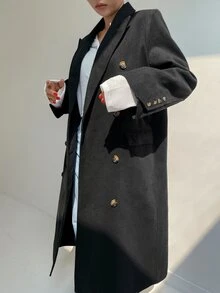 DAZY Double Breasted Flap Detail Longline Coat - Black - View 8