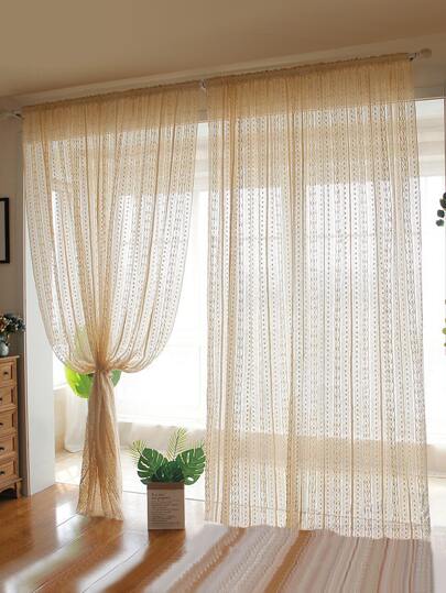 1pc Beige Geometric Rhombus Pattern Voile Curtain, Polyester Material, Hook Knitted Country Style Sheer Curtain For Living Room, Bedroom, Window Or Door Decoration