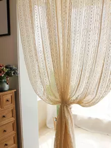 1pc Beige Geometric Rhombus Pattern Voile Curtain, Polyester Material, Hook Knitted Country Style Sheer Curtain For Living Room, Bedroom, Window Or Door Decoration