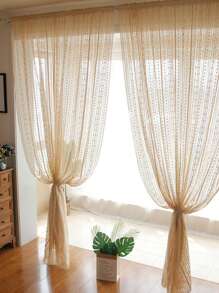 1pc Beige Geometric Rhombus Pattern Voile Curtain, Polyester Material, Hook Knitted Country Style Sheer Curtain For Living Room, Bedroom, Window Or Door Decoration