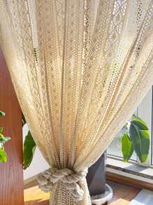 1pc Beige Geometric Rhombus Pattern Voile Curtain, Polyester Material, Hook Knitted Country Style Sheer Curtain For Living Room, Bedroom, Window Or Door Decoration