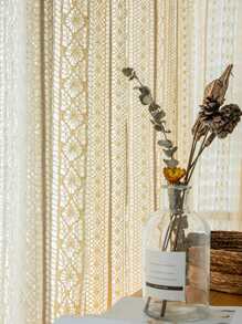 1pc Beige Geometric Rhombus Pattern Voile Curtain, Polyester Material, Hook Knitted Country Style Sheer Curtain For Living Room, Bedroom, Window Or Door Decoration