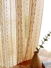 1pc Beige Geometric Rhombus Pattern Voile Curtain, Polyester Material, Hook Knitted Country Style Sheer Curtain For Living Room, Bedroom, Window Or Door Decoration