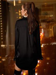 Fuzzy Cuff Curved Hem Shirt Dress - Black - View 2